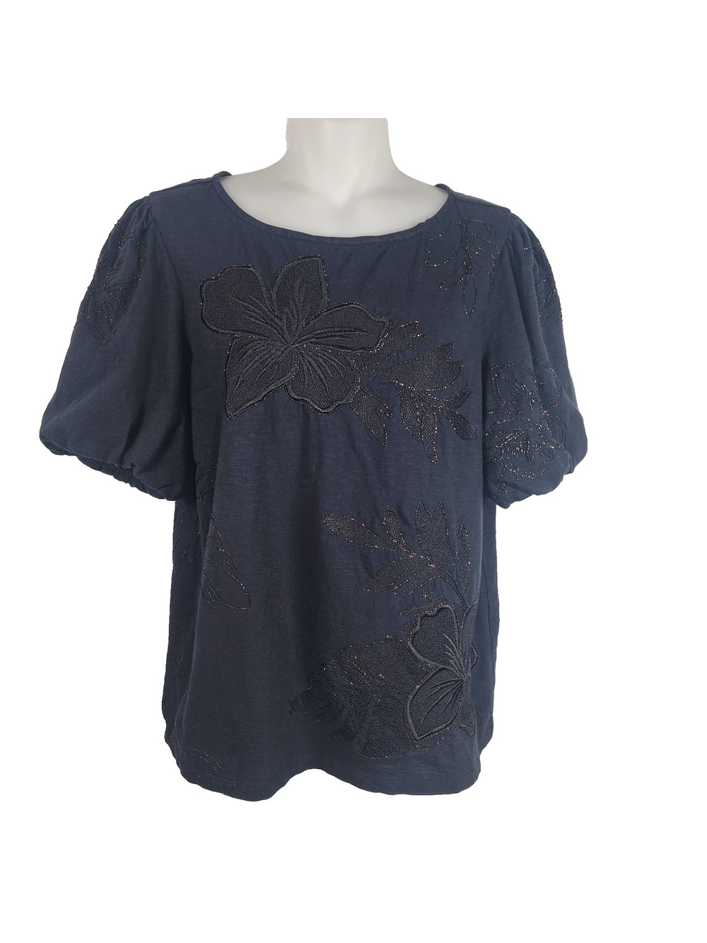 Tommy Bahama Heritage Hibiscus Puff Sleeve Lux T Shirt S Metallic Embroidery